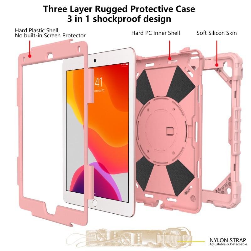 IPad 9th Gen 10.2 Inch Protective Case With Strap Full Coverage Silicone PC Hybrid Cover Stand Function