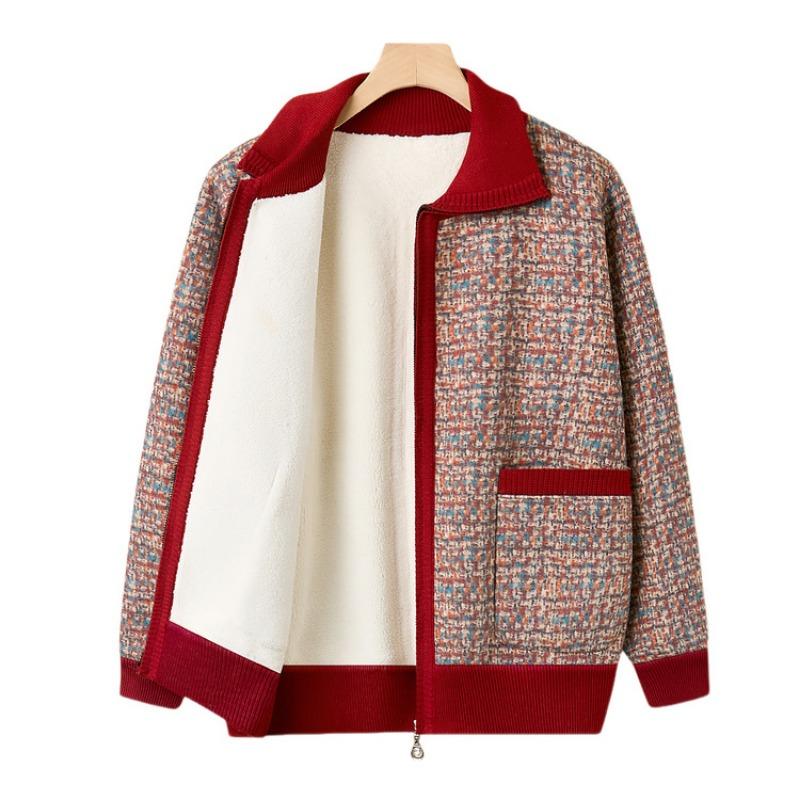 Autumn and Winter New Middle-aged and Old Knitted Sweater Female Mother Fleece Thickened Cardigan Thermal Top Grandma Coat