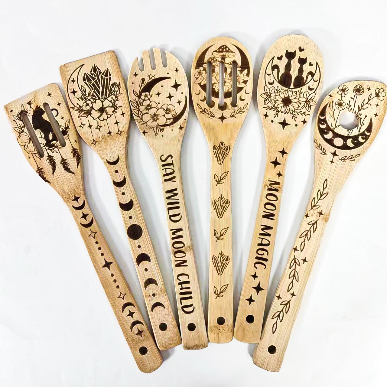 

5/6 шт. Набор бамбуковых кухонных принадлежностей с антипригарным покрытием, деревянные ложки на Хэллоуин, набор кухонных принадлежностей с рисунком кошки, семейный подарок
