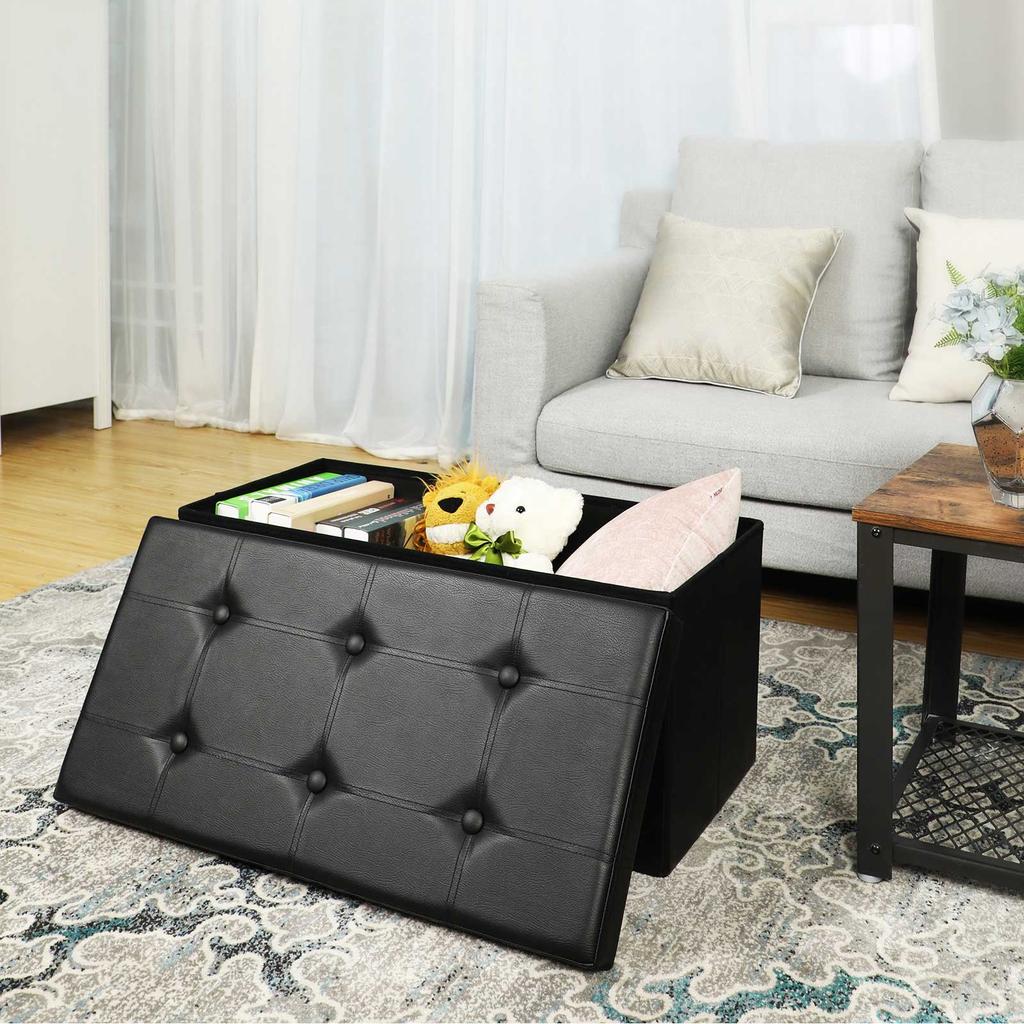 SONGMICS Folding Pouffe/Ottoman With 80 Litre Container and Soft Seat for 2 - 3 People 300 Kg maximum Load Black