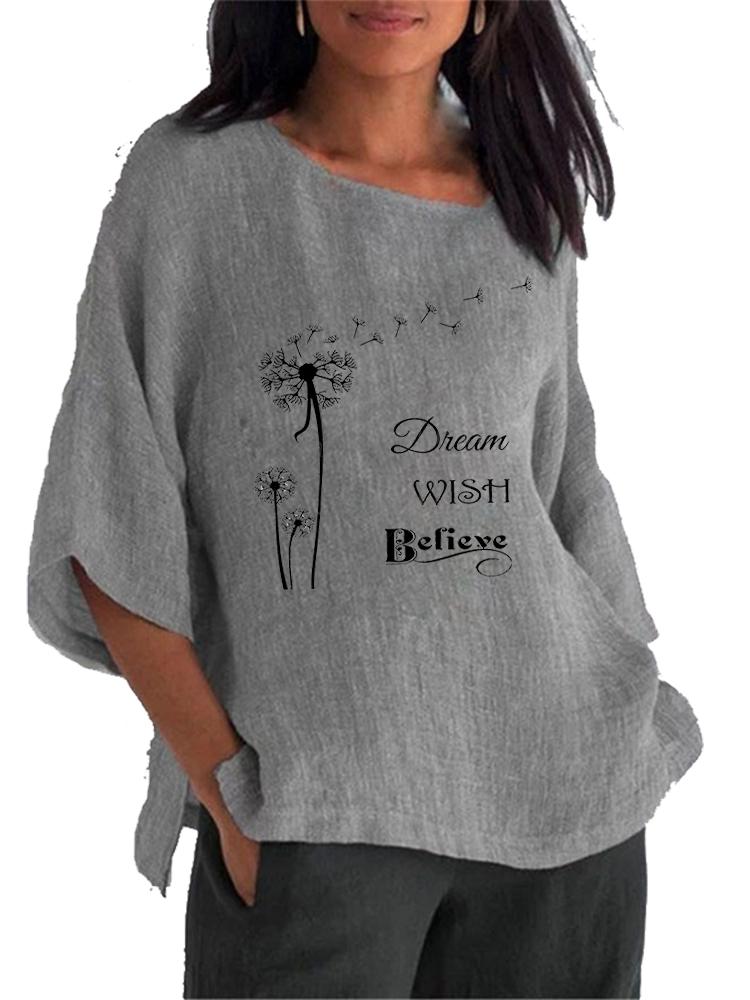 Women Fashion Round Collar Print Shirt Spring&summer 3/4 Long Sleeve Top Ladies Cotton Linen Blouse