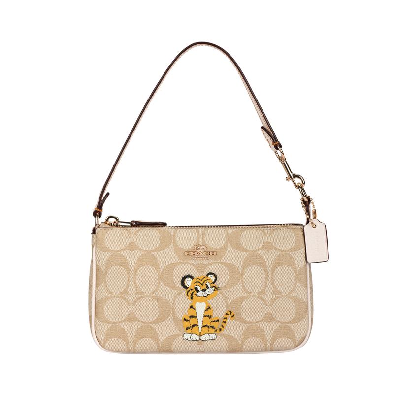 

COACH Nolita Classic Logo Cartoon Print 19 Coated Canvas and Pebbled Leather Clutch Small Women s Khaki White белый