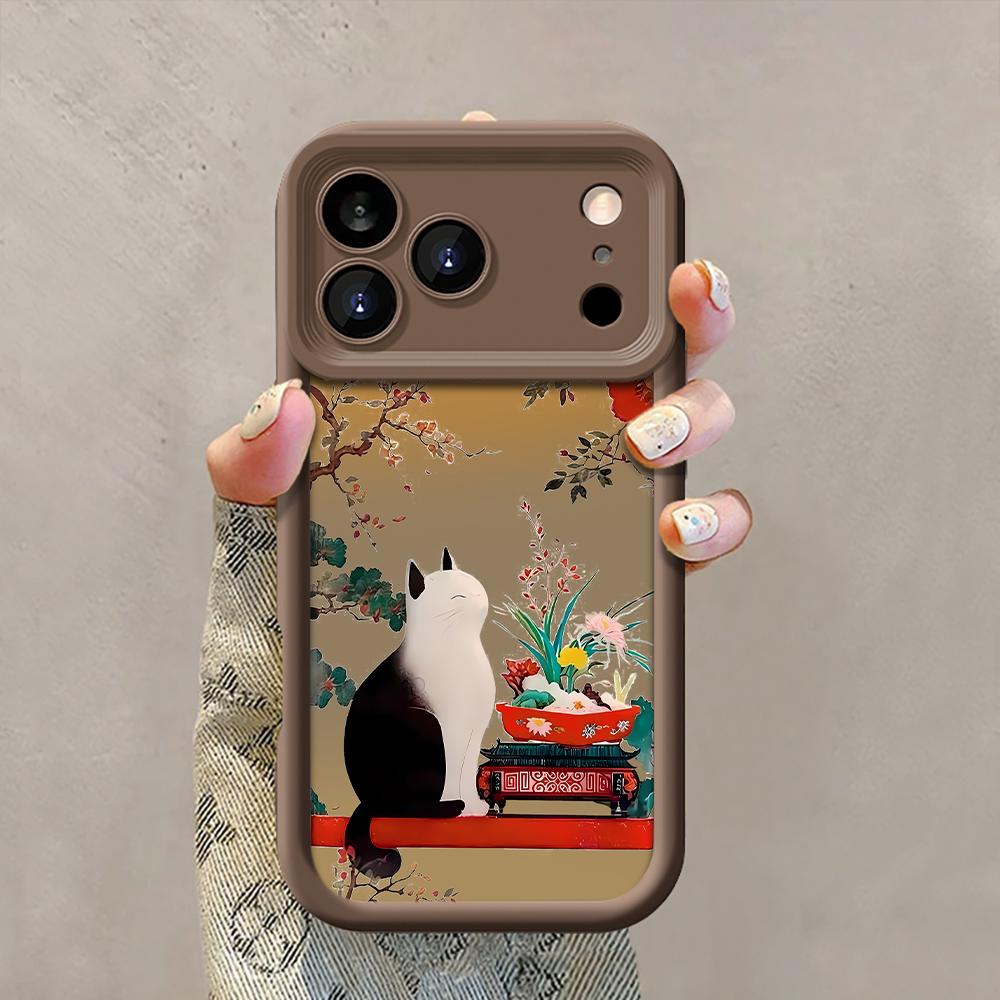 

Японская Укиё-э Черно-белый Кот Защитный Чехол Для iPhone 17 16 15 14 13 12 11 Pro Max 8 Plus X Текстурированный Алмазный Жесткий Чехол iPhone 14 Pro