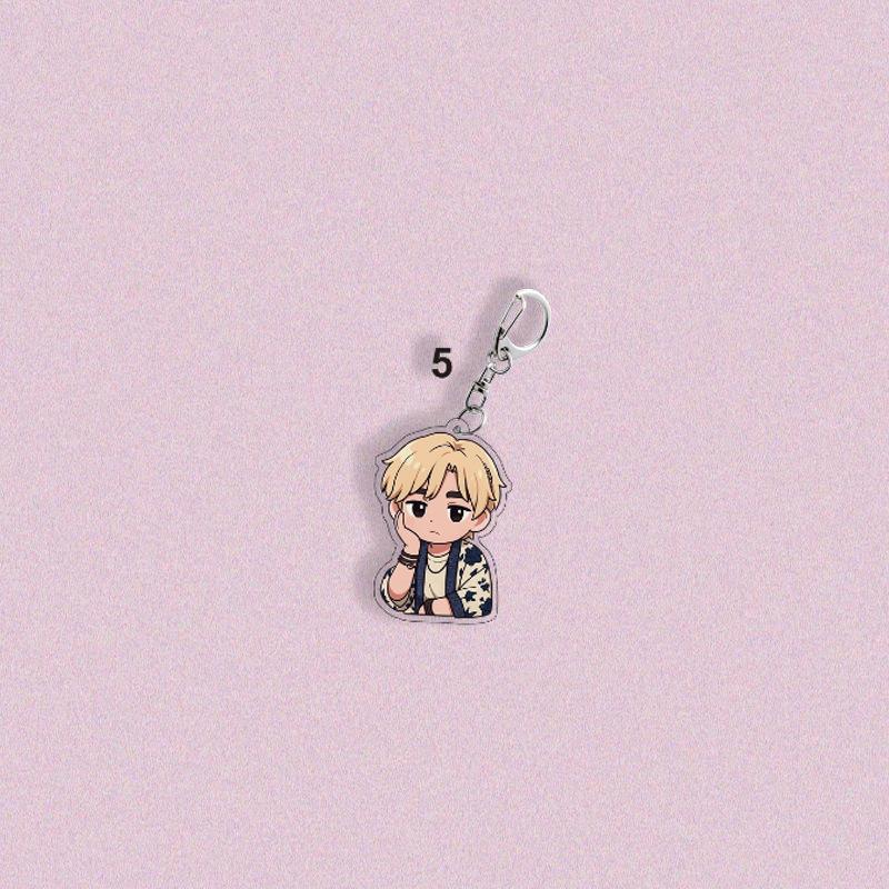 BTS Summer Casual Style Cartoon Keychain, Bangtan Boys Cartoon Figure Keyring, Kpop ARMY Fans Bag Charm(Jin RM Suga Jimin V J-Hope Jungkook)
