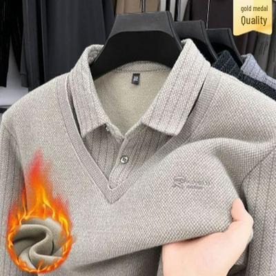 Herren verdickter Zweiteiler Pullover mit Revers: Winter Warme Strickware mit Plus-Samt für Männer mittleren Alters