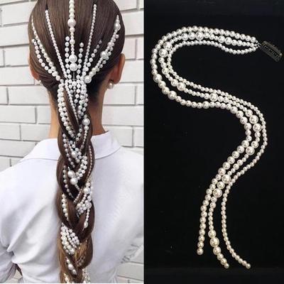 Imitation Pearl Hair Chain Fashion Hair Jewelry Long Alloy Chains For Women Exaggerated Headwear