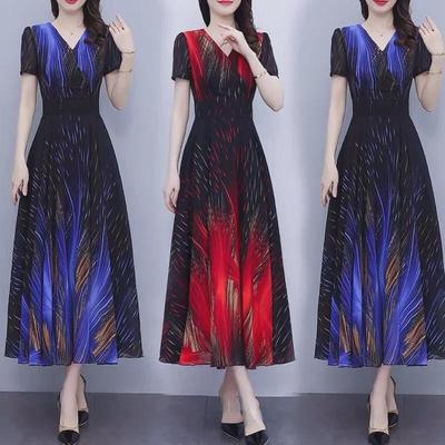 Robe Midi d'été 2022 à imprimé français, col en V, froncée à la taille - Grande taille, robe évasée en soie glacée pour femmes d'âge moyen
