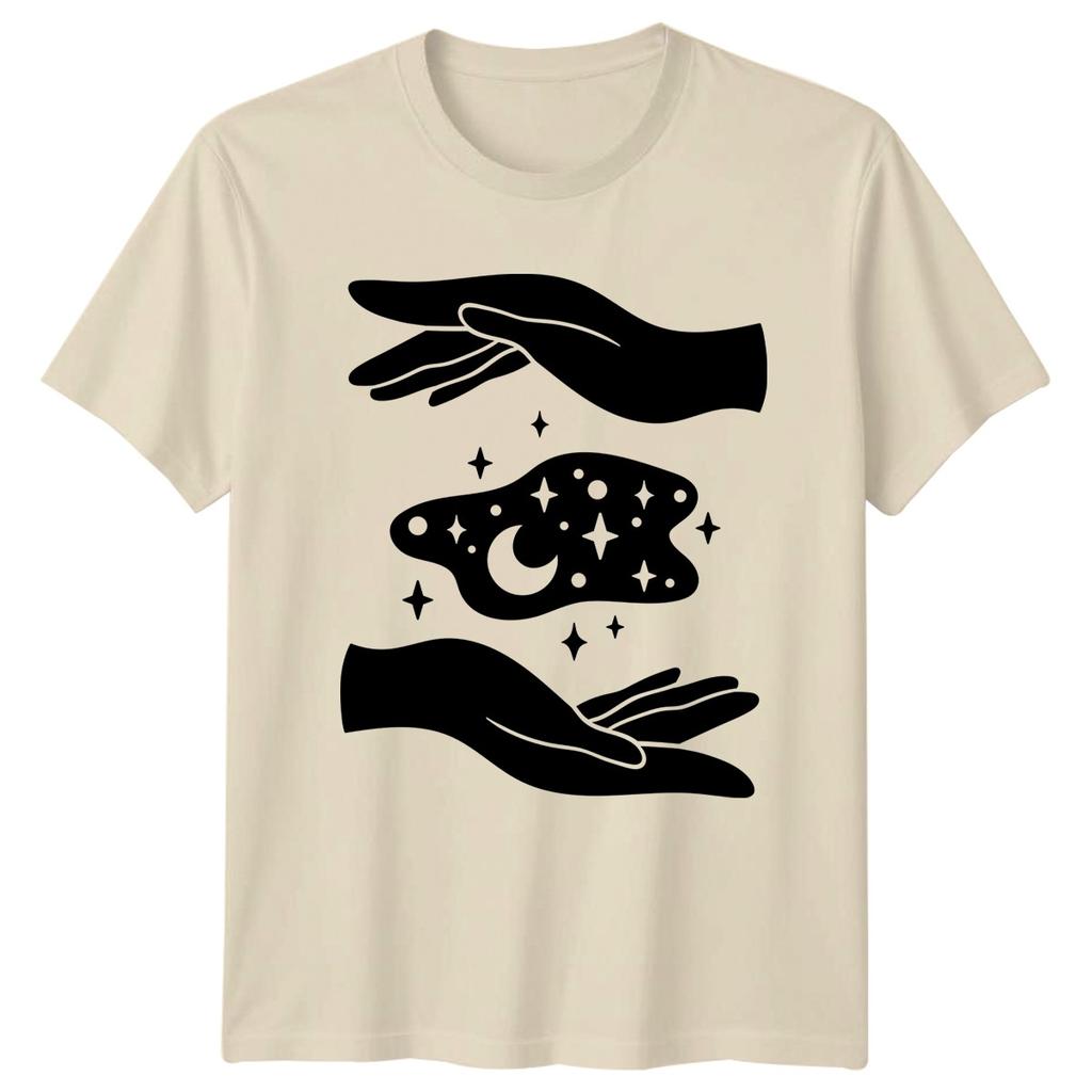 Mystical Hands Holding Cosmic Moon T-Shirt Witchy Boho Spiritual Celestial