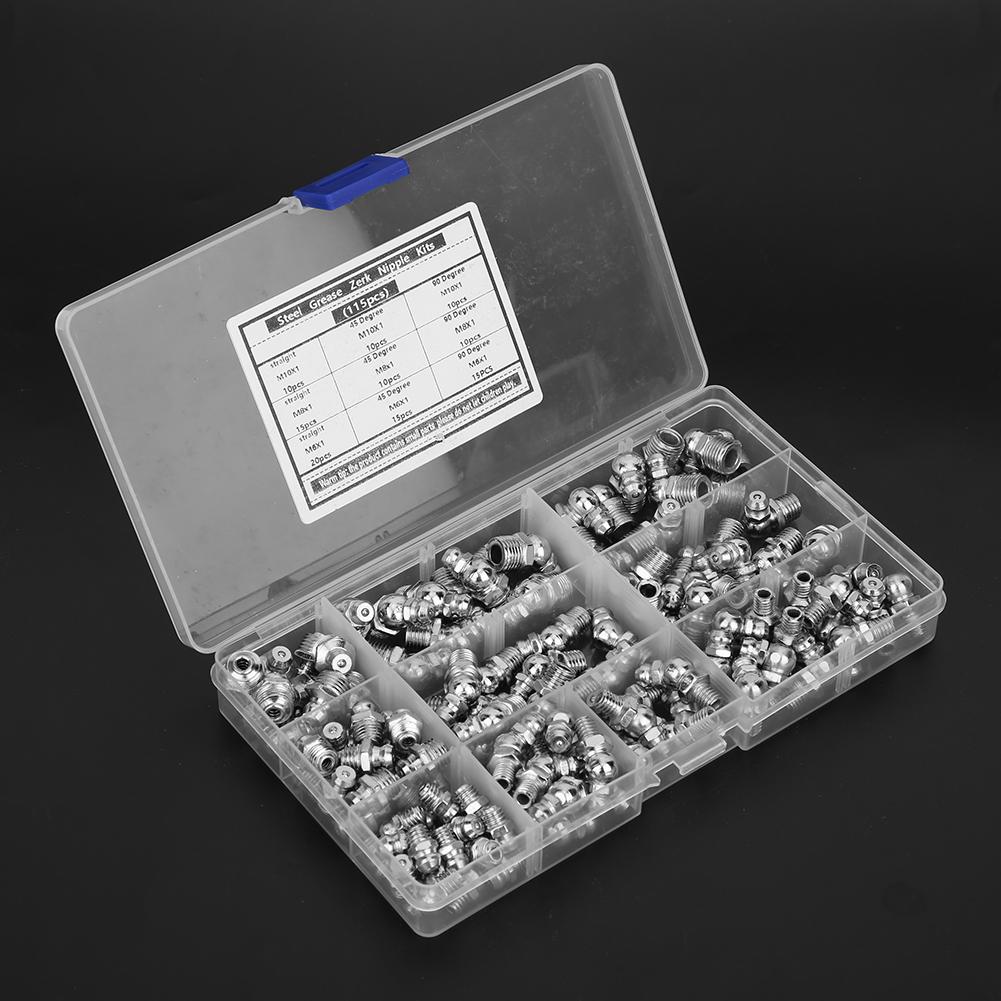 115Pcs Steel Grease Zerk Nipple Fitting AntiCorrosion AntiRust M6 X 1 M8 X 1 M10 X 1