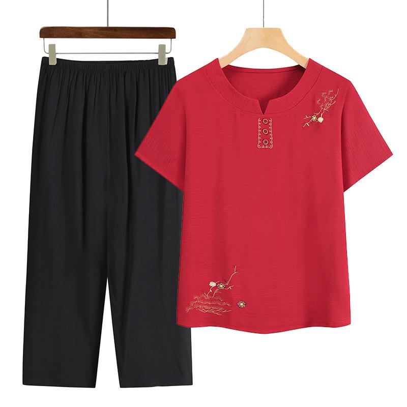 Middle-aged and Elderly Spring and Summer Clothing Casual Thin Short-sleeved + Seven Trousers Two Piece Suit