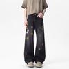 Spring American retro flower embroidery straight jeans men's design sense thin wide-leg pants