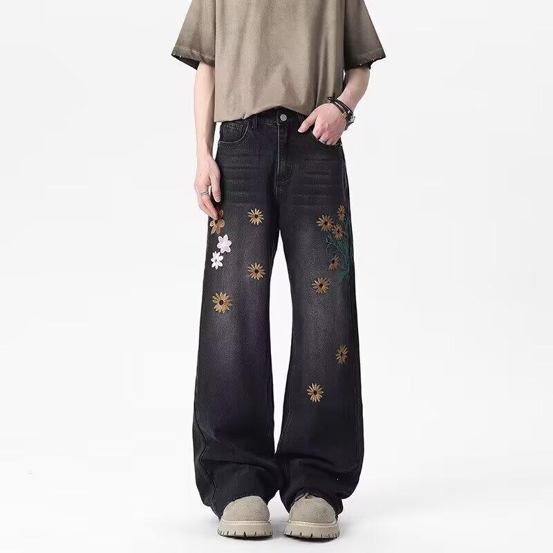 Spring American retro flower embroidery straight jeans men's design sense thin wide-leg pants