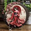 Japanese Kimono Metal Wall Art Round Sign Red Cherry Blossoms Elegant Home Decor