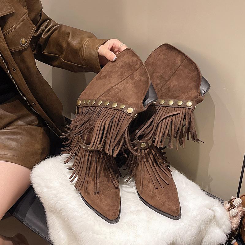 

Maillard Western Cowboy Boots Women s Skinny Boots Women s Tassel Wasteland Wind Pointed Thick Heel Martin Boots 42 темно-коричневого кольору