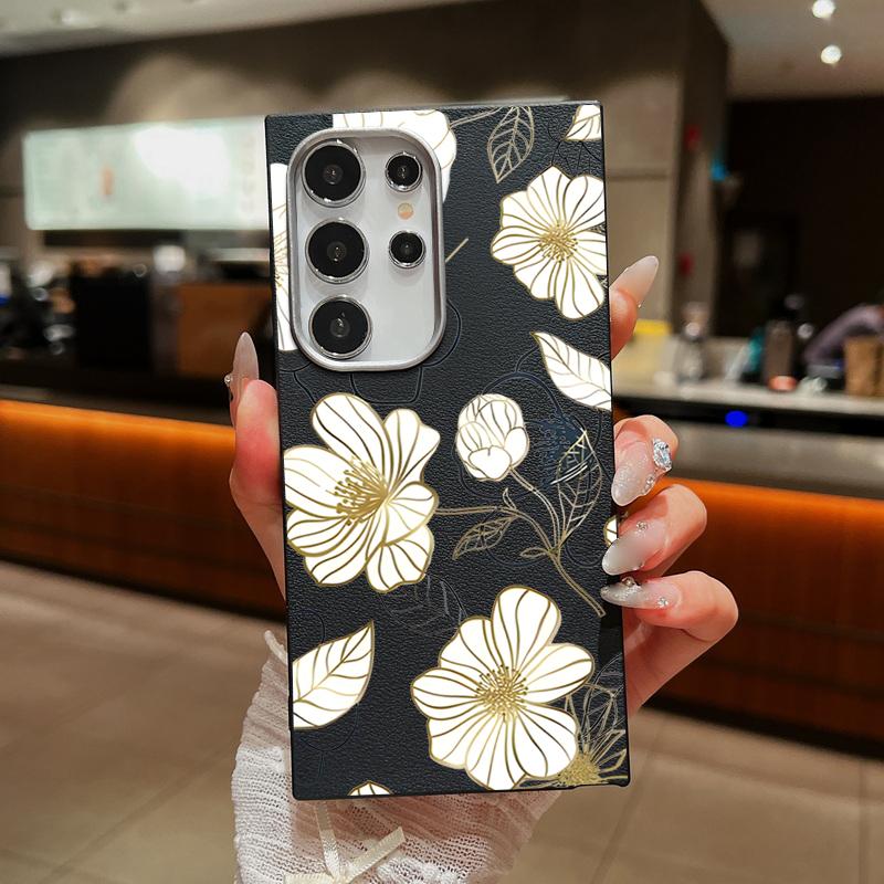 

Чехол для телефона из матовой кожи TPU с цветочным принтом для Samsung S25 Ultra S24 FE S23 S22 S21 A56 A36 A16 A15 A55 A35, тонкий, противоударный, мягкий, задняя крышка Samsung S25 Ultra белый/чёрный
