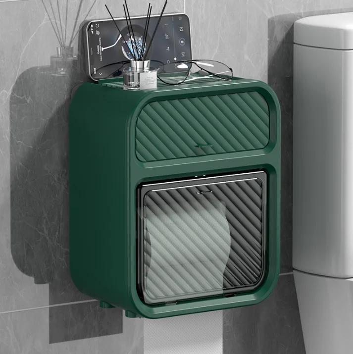 

Multifunctional Double Layer Toilet Paper Storage Box Wall Mounted Punch-Free Waterproof Bathroom Tissue Holder with Drawer