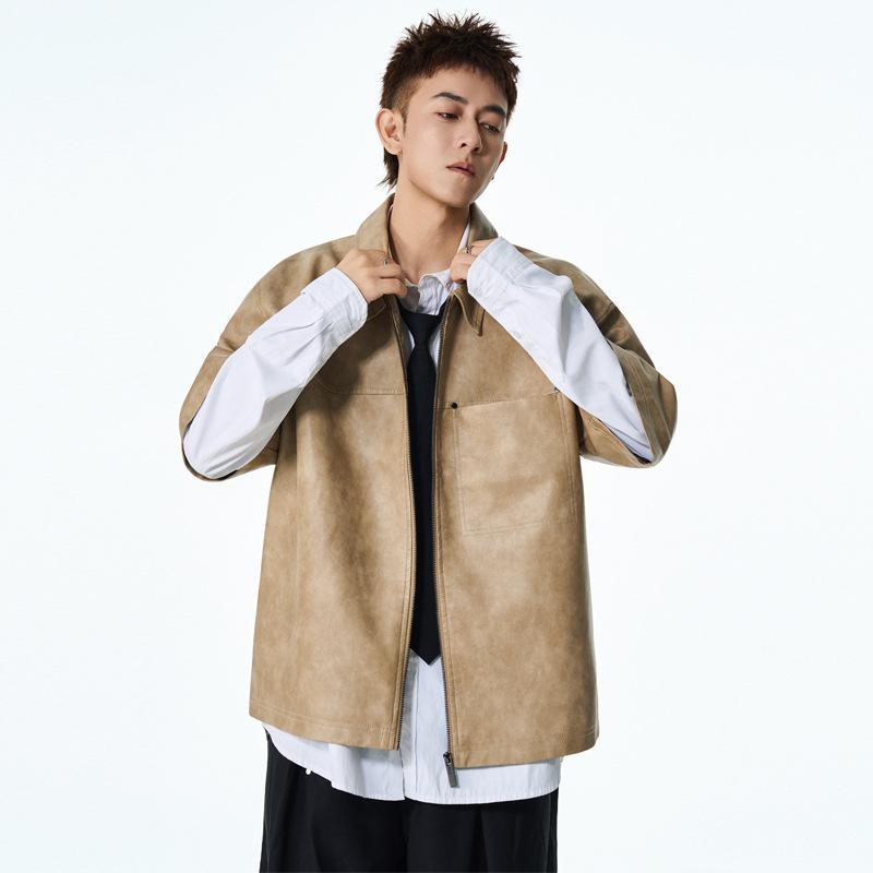 Trendy brand new European and American personalized fashion short-sleeved lapel leather jacket, American retro men's short sleeves