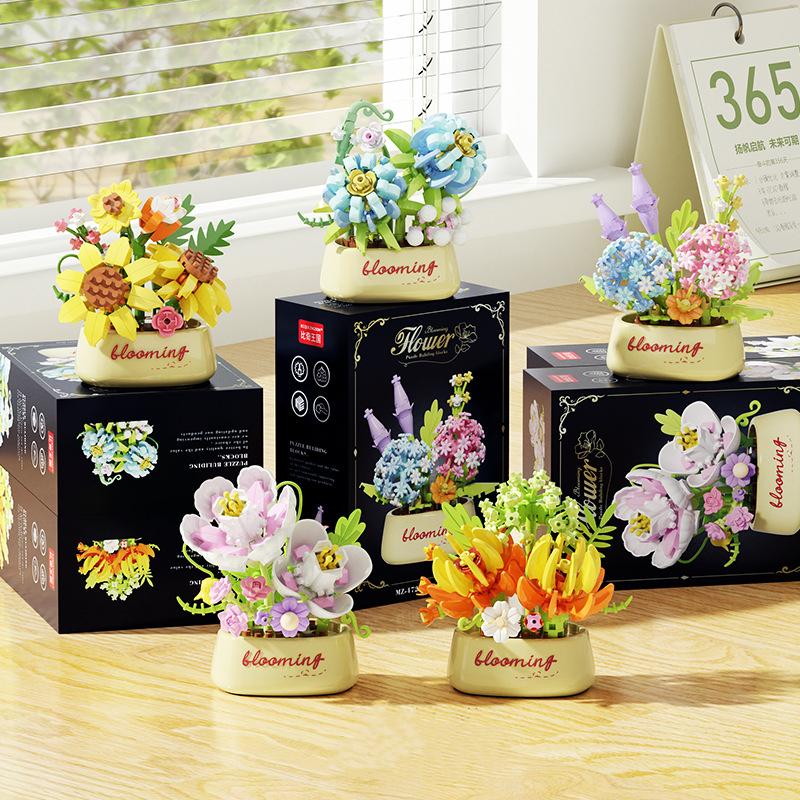 Romantic Floral Building Blocks Flower Potted Roses and Sunflowers Assembled DIY Flower Potted Toys Girls' Valentine's Day Gift
