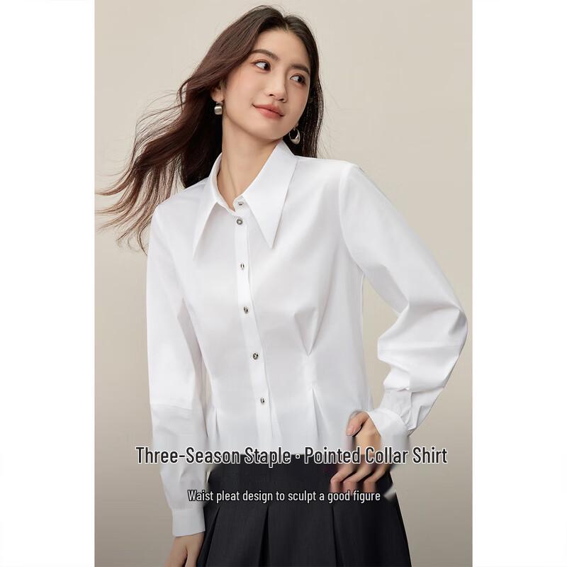 Women s Fall Pointed Collar Pleated Waist Long Sleeve Blouse L