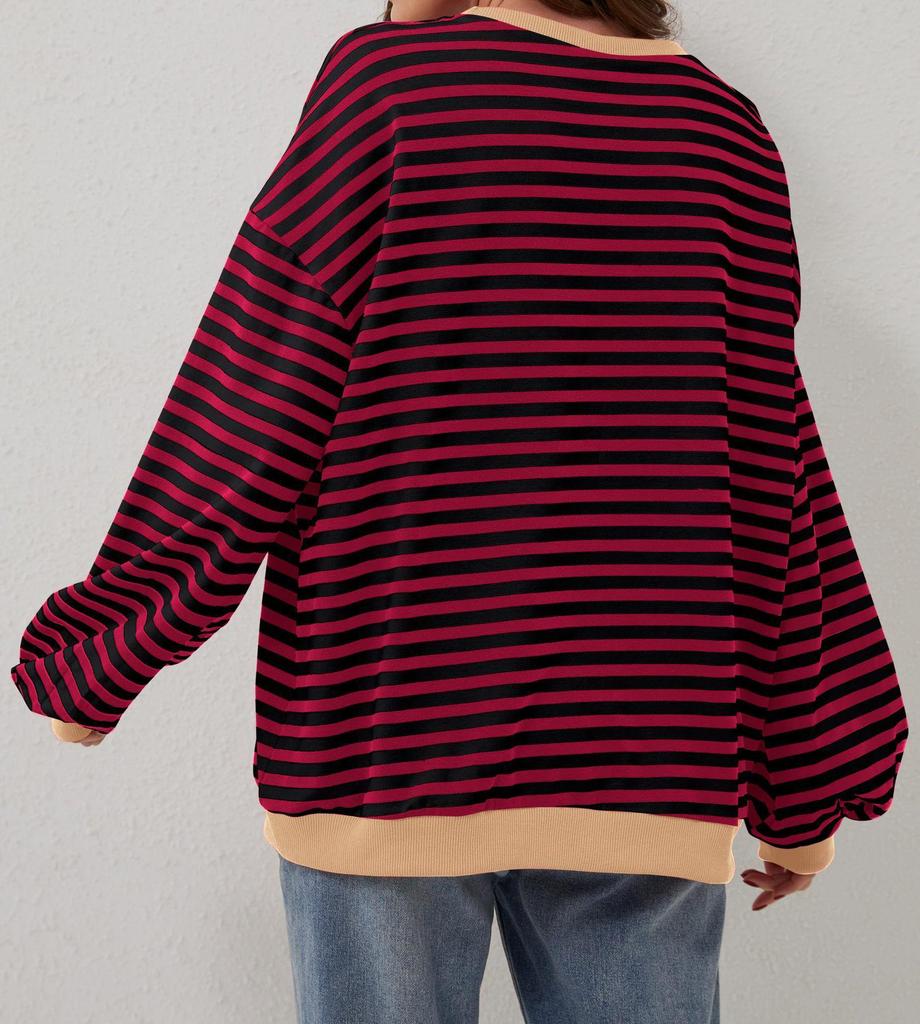 2026 Spring Striped Floral Round Neck Long Sleeve Color Block Hoodie