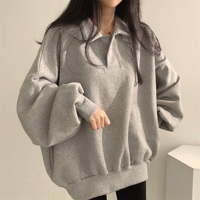 Women Polo Collar Loose Long Sleeve Casual Solid Sweatshirt Top Outerwear