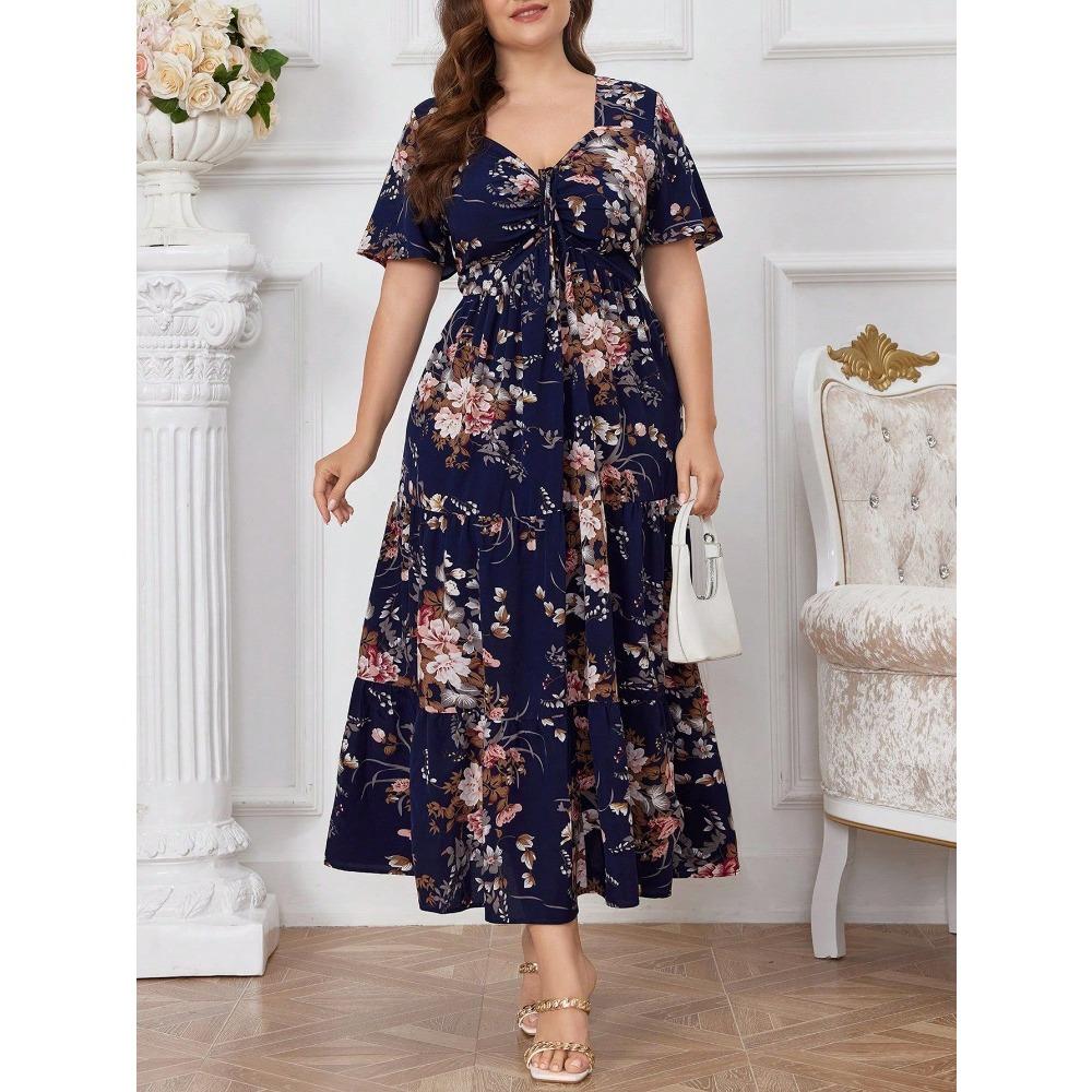Mode Zomer Casual Jurk V-hals Korte Mouw Print Patchwork Trekkoord Grote Maten Casual Jurken voor Vrouwen