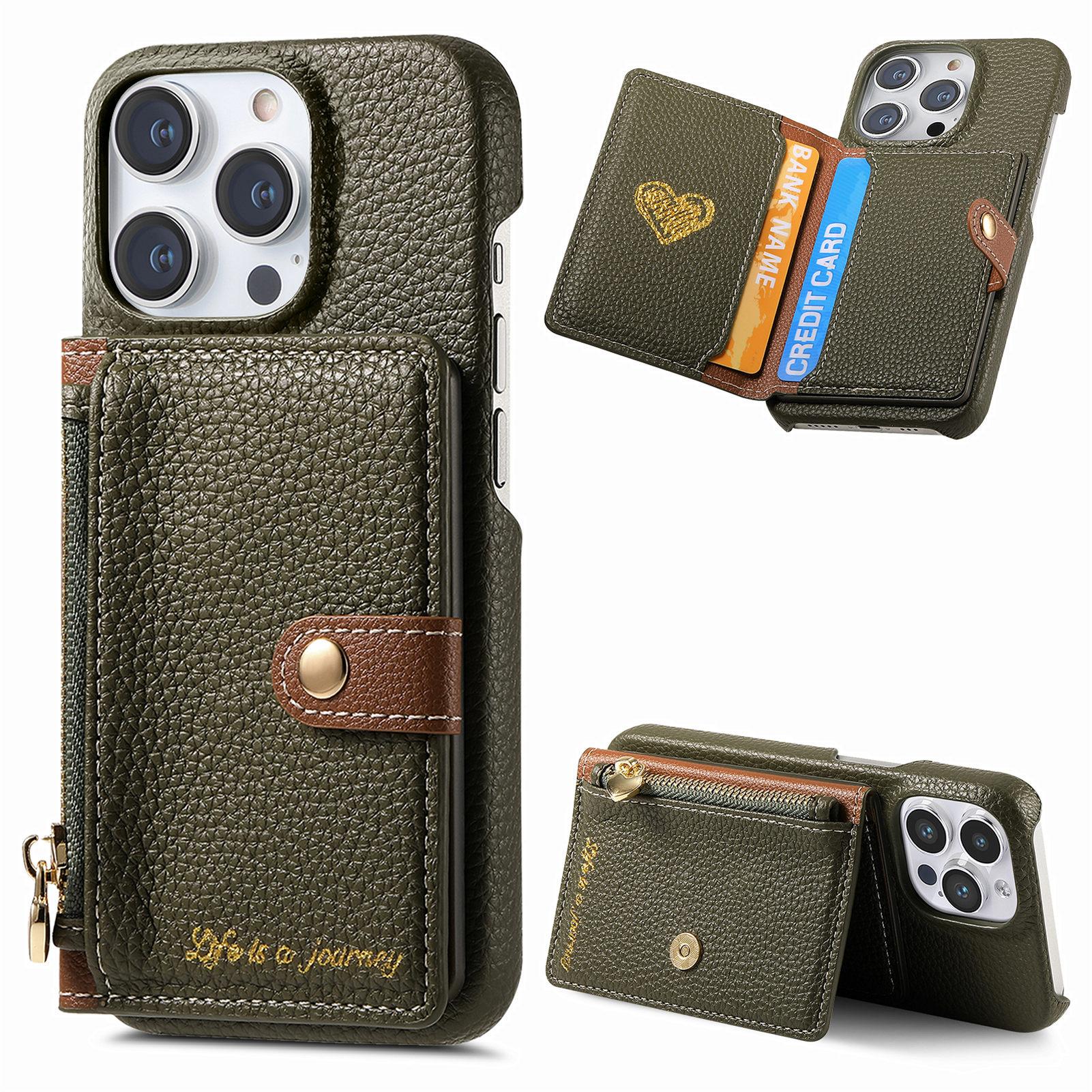 

Y4 For iPhone 16 Pro Max Case Zipper Pocket Leather+TPU Phone Cover Card Holder Kickstand Army Green