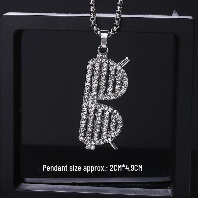 Trendy Cross-Border Rhinestone Pendant Necklace: Unisex Hip-Hop Style Stainless Steel Chain.