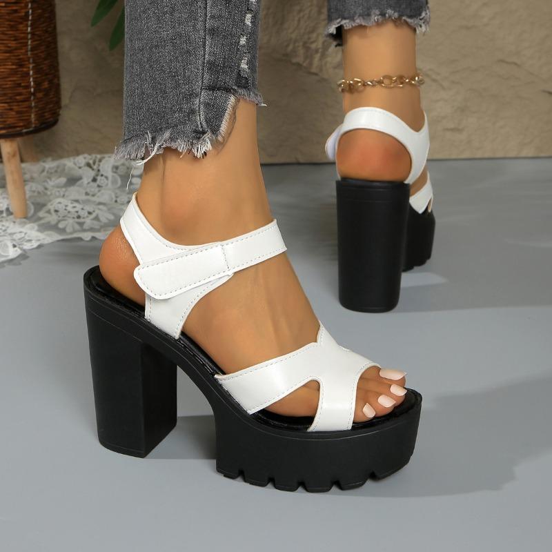 Fashion Platform Super Heels Summer New Round Toe Open Toe Cutout One Strap Non-slip Block Heel Fish Mouth Sandals