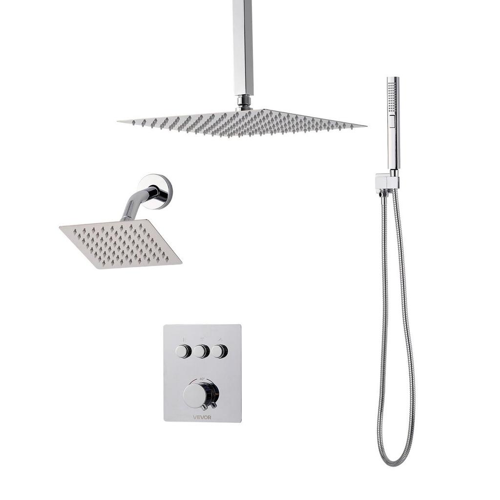 Shower Faucet Set, 305 mm Thermostatic Ceiling Mount Rainfall Shower System with 152 mm Wall Mount Head and 2 in 1 Handheld Spray, 3-Function Dual