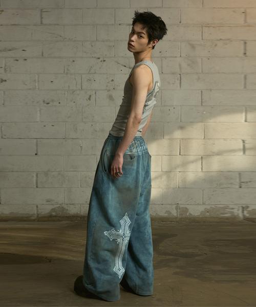 LANARCHIVE [0113] Vintage Washed Wide Sweatpants - Dusty Teal