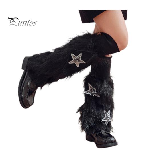 

1 пара зимних чехлов для телят, пушистый искусственный мех, противоскользящие блестки, звездная нашивка, однотонные, в стиле JK, эластичные, утолщенные, повседневные, спортивные, для прогулок, гетры чёрный