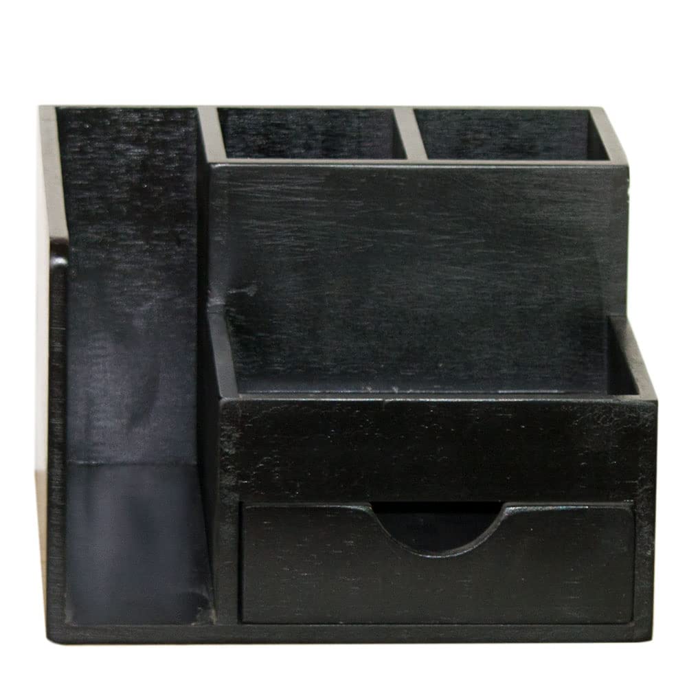Juleduo Wooden Desktop Storage Organizer with Pen and Remote Control Rack Drawers, Bookshelf, Holder, (Black)