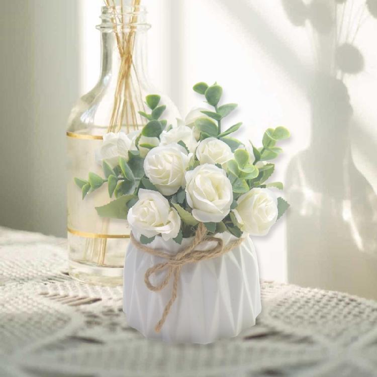 Elegant Artificial Rose Flowers with Small Vase Faux Florals Potted Plant for Indoor Desktop Decoration and Gift Giving