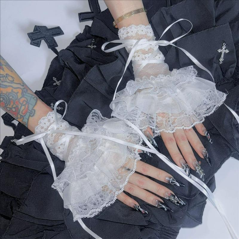Lolita Y2K Style Sexy Lace Gloves Sweet Ruffled Tulle Fingerless Mittens Elegant Ribbon Tie Wrist Cuffs Anime Cosplay Gloves
