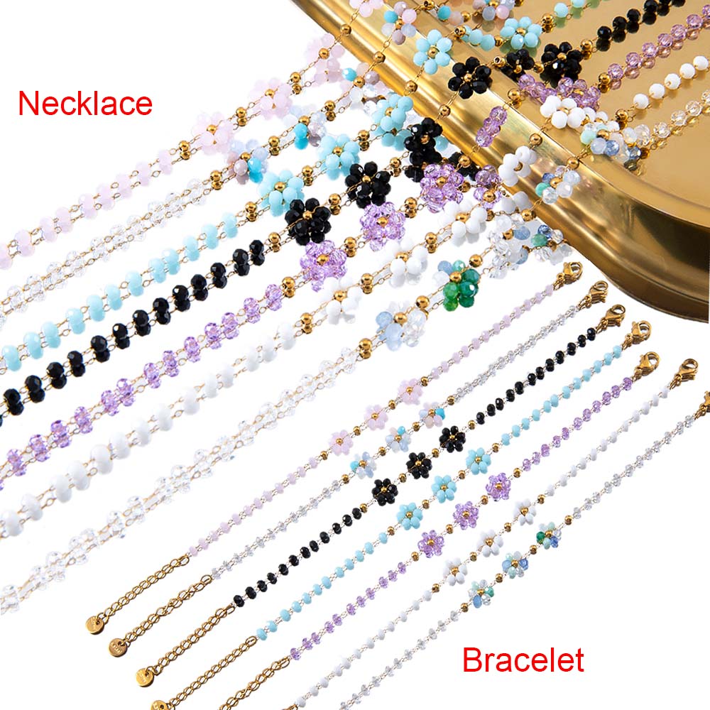 1pcs Stainless Steel Crystal Flower Beaded Chains Lobster Clasps Braid Bracelet Necklace for Women DIY Jewelry Making Wholesale