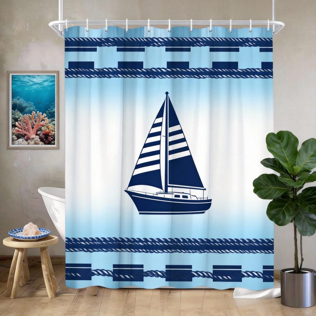 Nautical Shower Curtain 180x180cm – Dark Blue Anchor & Rope Design, Coastal Bathroom Decor, 12 Hooks