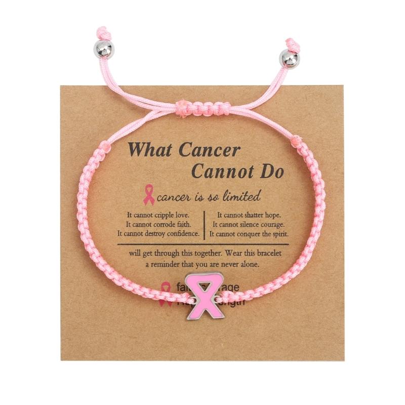 Breast Cancers Awareness Hope Bracelet for Women Pink Ribbon Charm Braided Rope Wrist Wrap Bangle Handmade Jewelry Gift
