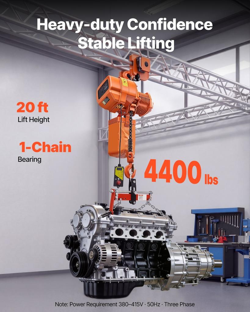 2000 kg Electric Chain Hoist, 6 m Lifting Height, Three-Phase Overhead Crane with 100 m Wireless Remote Control, Single G100 Chain Electric Lift Hoist