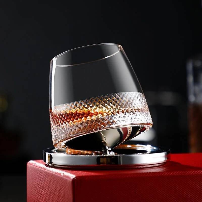 

2023 Latest Design Whiskey Glass Decanter Sommelier Rotating Tasting Wine Cup Gift Brandy Whisky Enjoy Mug With Stainless Base 325ml