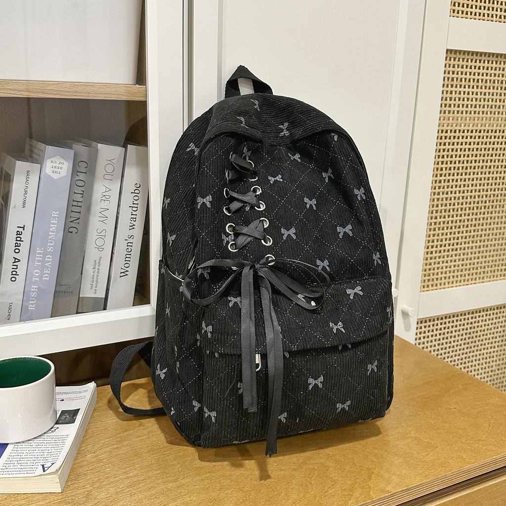 Schoolbag plaid schoolbag junior high school girl college student high school student cute bow ribbon velvet backpack computer backpack