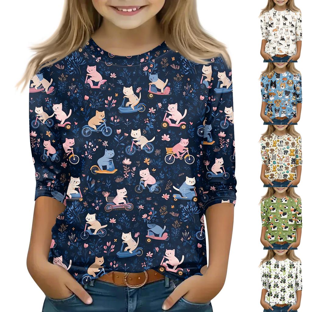 Children's Three-Quarter Sleeve Round Neck Top with Animal Print for Casual Daily Wear