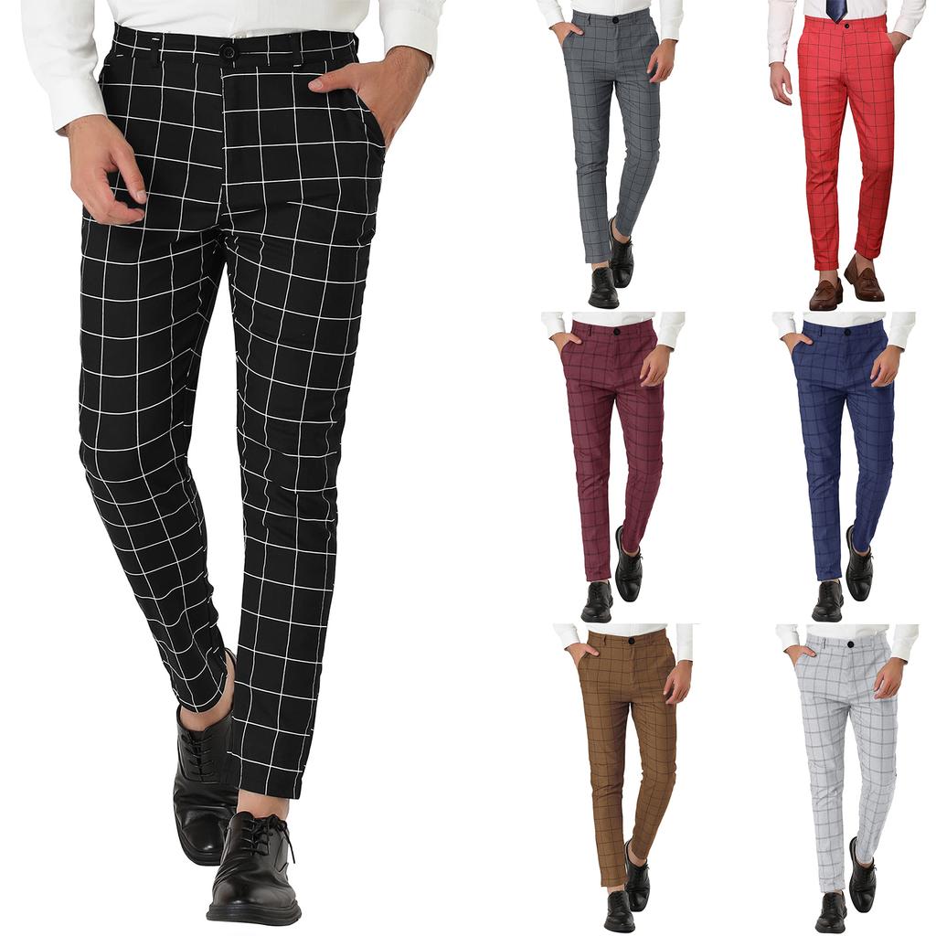 Men's Dress Plaid Slim Fit Flat Front Business Pants With Pockets