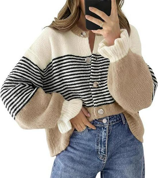2026 European and American Color Block Striped Knit Cardigan for Women - Loose, Lazy Style Sweater Coat for Autumn/Winter