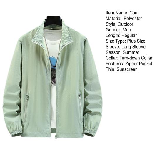 Men Outdoor Jacket Long Sleeves Sun Protection Breathable Solid Color Zipper Closure Anti-UV Ultra-thin Plus Size Cycling Sports Sun Protection Coat