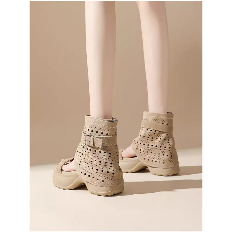 Women's Summer Thick-Soled Open-Toe Hollow Breathable Anti-Slip Roman Sandals, Retro Style For Petite Frames.