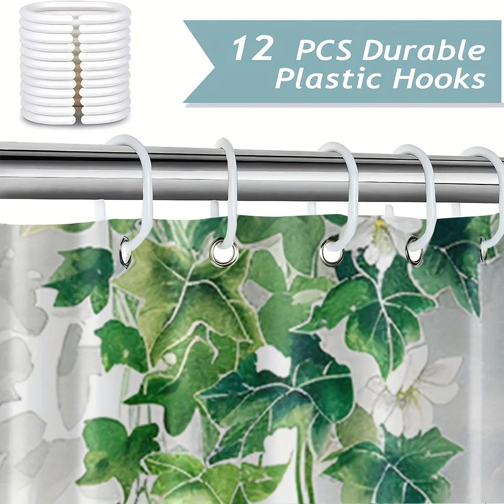 1 Elegant Ivy and White Floral Polyester Shower Curtain-Washable with Green Vine and Leaves Pattern, Machine Washable with Hooks