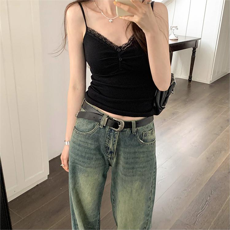 Sexy Folds Buttons Sleeveless Crop Top Black Vintage Y2K Corset Tops  Casual Basic T-shirt