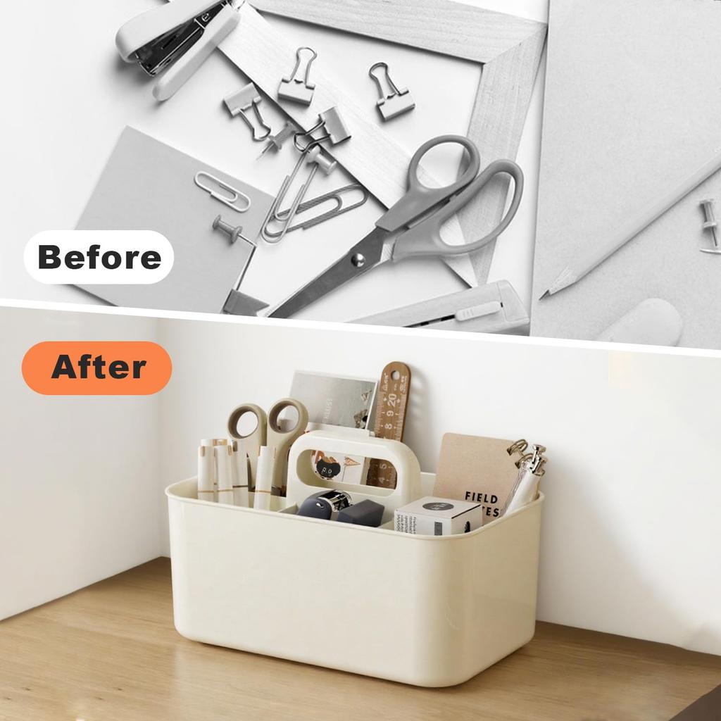 5 Compartment All-in-One Storage Basket with Handle,Plastic Desk Organizer for Pens.Office Supplies, Portable Desktop Tray