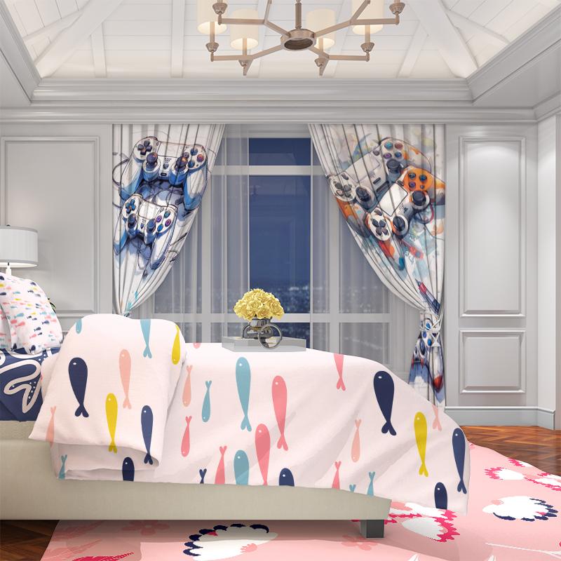 Set Of 2 Game Machine Printed Curtain Polyester Material Suitable Bedroom Curtains Living Room Decoration Perfect For Sitting